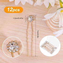 KINBOM 12pcs Rhinestone Wedding Hair Pins, U Shaped Hair Pins Crystal Flower Hair Bobby Pins Wedding Hair Accessories for Brides Bridesmaids(Gold)