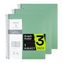 ONAVIA Spiral Notebook for School 3 Pack, 1 Subject, 4x4 Graph Ruled Paper, 100 Sheets, 9" x 11", 1 Divider with Pocket, 3 Hole Punched, Plastic Cover, 1/4" Grid Graphing Note Book Bulk,Midnight Green