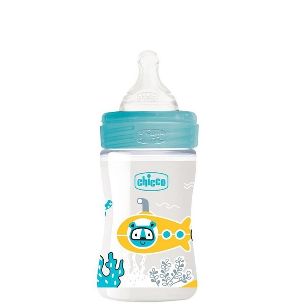 Chicco Plastic Bottle Well Being Blue With Silicone Nipple 0m +, 150 ml