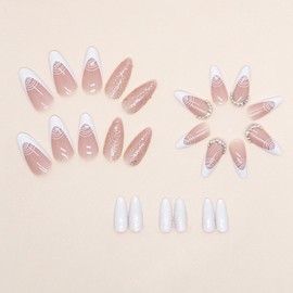 Almond Shape Press on Nails French Tip Fake Nails Rhinestone False Nails Full Cover Acrylic Nails Glitter Medium Length Glue on Nails White Artificial Nails Tips Glossy Stick on Nails for Women Girls