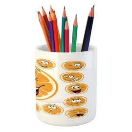 Lunarable Fruits Pencil Pen Holder, Orange Clipart with many Expression Frown Laughing Eyebrows Angry Feeling Artwork Print, Printed Ceramic Pencil Pen Holder for Desk Office Accessory, Orange