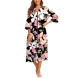 Korelayer Zipper Robes for Women 3/4 Sleeve Housecoats Long Lightweight Bathrobe House Dress with Pockets, Black Leaved Flower, XX-Large
