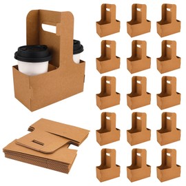 Framendino, 60 Pack 2 Cup Drink Carrier with Handle Disposable Cup Holders for Drinks Paperboard Beverage Holder Food Delivery Service (Brown)