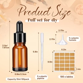 Lallisa Lallisa 100 Pack Essential Oil Dropper Bottle 10 ml (1/3 Oz) Glass Dropper Bottles DIY for Diy essential Oil Perfume with 5 Funnels 5 Pipettes 3ml 100 Labels for Bathrooms, Hotels, Labs (Amber)