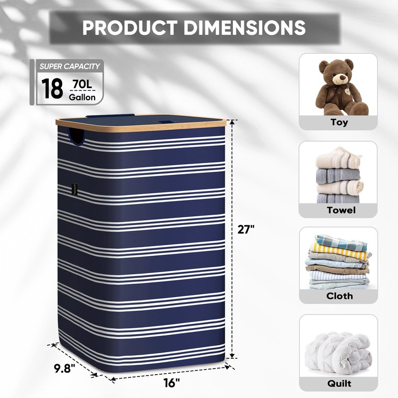 BALEINE Laundry Hamper with Lid, Tall Laundry Baskets with Bamboo