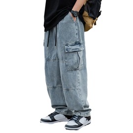 Men's Casual Loose Elastic Waist Cargo Jeans Hip Hop Denim Pants(Blue,L)