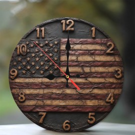 Lancholy 10-Inch Silent Wooden Wall Clock, American Flag Wall Clock Rustic Decor Vintage Style ” Silent Non-Ticking Clock, Battery Operated (AA Batteries Not Included), Artistic Home Decor