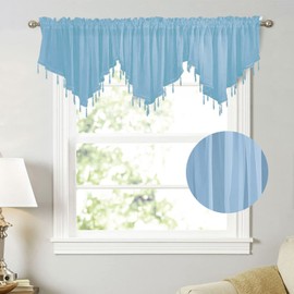 Beaded Sheer Windows Valance 51.1 in W x 23.6 in L, Scalloped Kitchen Curtain, Bathroom Swag Sheer with Rod Pocket, Short Valance Drape for Bedroom Living Room (Sky Blue)