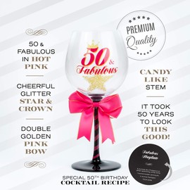 SAY HO UM 50 and Fabulous Birthday Wine Glass for Women | Fun Gift for Woman Turning Fifty Years Old | Mom, Best Friend, Aunt, Cousin, Co-Worker | Big 23 oz, 8.8 Inch Wine Glass