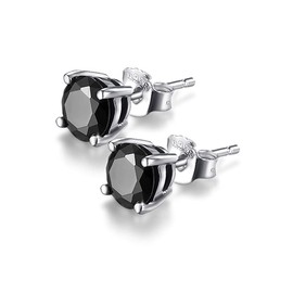 Solitaire Round Black Onyx 925 Sterling Silver Stud Earrings Platinum Plated Fine Jewelry for Men Women 8mm