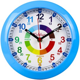 Kiddus Wanduhr für Kinder. Analoger Zeitlehrer mit Zeitlernübungen. Stilles Uhr. Viele Sprachen. Italiano BLU