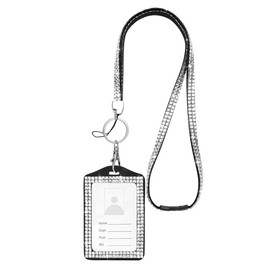 SAVORI Bling Badge Lanyard with ID Holder, Rhinestone Sturdy Neck Lanyard Horizontal Name Card Holder for Women Girl (White)