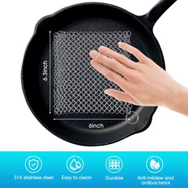 Cast Iron Cleaner 6"x6.3" 316L Stainless Steel Chainmail Scrubber for Griddle Skillet Dutch Oven Wok Stainless Steel Pot Cast Iron Pan Support Dishwasher Cleaning