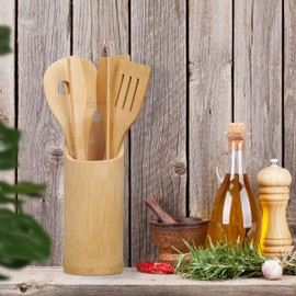 Relaxdays Kitchen Utensils Set of 6 Cooking Spoons, Spatulas, Barbecue Tongs, Kitchen Utensils Container, Bamboo, Natural