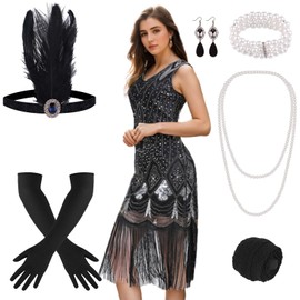 PLULON 1920s Flapper Dress with Sequins, Beads, Fringe and 20s Accessories Set (Black and Silver)