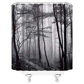 Misty Grey Forest Shower Curtain Black and White Tree Heavy Foggy Forest Tall Bushes Shrouded in Dense Fog Jungle Gothic Dark Nature Landscape Polyester Curtains Bathroom Decor with Hooks 70"Wx70"H