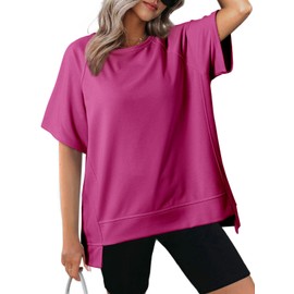 Dokotoo Womens Casual Summer Tops Crewneck Sweatshirt Short Sleeve Oversized T Shirts Fashion 2025 High Low Lightweight Thin Cotton Basic Pullover Cute Loose Fit Shirts for Women Rosy Large