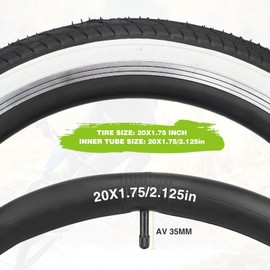 20 x 1.75 Inch Bike Tire 2 Pack Bicycle White Wall Side Tires Folding Bead Tyre with 2 PCS Inner Tubes Compatible with 20" Kids Bike, Folding Bike, Tricycles