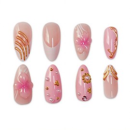 Gleamrain Pink Press on Nails Ombre Almond Medium Length with Design for Women and Girls,for Daily Holiday and Prom or Summer Vacation