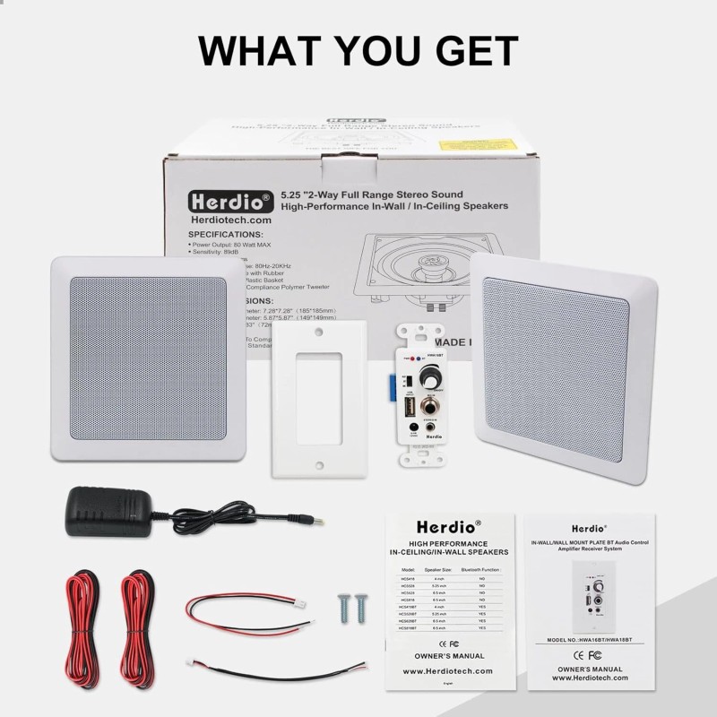 Herdio 5.25Inch Bluetooth Ceiling Speakers+Wall Mount Control Amplifier Receiver