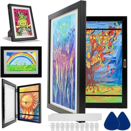 Kids Art Frame Front Opening A4 Kids Artwork Display Frame with Fixed Strap Picture Frames for Multiple Pictures Changeable Childrens Forever Frame Photo Storage for Hang or Stand Display (Black)
