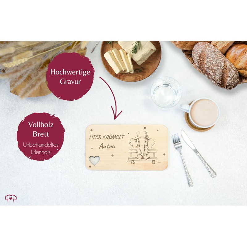 Wooden Heart Breakfast Board - Hier krümelt Name Elephant Gift