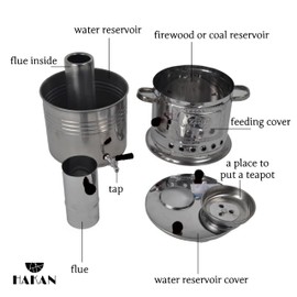 Portable Turkish Samovar Tea Kettle, Camping Water Boiler Tea Pot, Wood, Coals Fired Semaver Teapot, Water Heater for Camping, Picnic, Hunting, Outdoor Activities with Black Handles | 135.2 oz (4 lt)