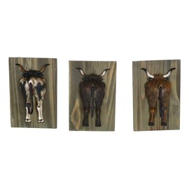 Ebros Gift Set of 3 Rustic Western Country Farm Colorful Steer Bull Cattle Hind Butt Hindquarter Coat Key Hat Leash Wall Hanging Hooks with Wooden Back Plaque Cowboy Horse Hook Organizers