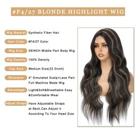 msloosily Long Wavy Synthetic Lace Front Wigs 28inch Mixed Blonde Synthetic Wavy Wig For Women F4/27 Highlights Middle Part Wig For Daily Use