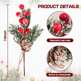 10 Pcs Christmas Berries Pine Cones for DIY Crafts, Artificial Berry Stems Pine Branches Evergreen Floral Picks, Christmas Tree Décor Xmas Garland Wreath Gift Wrap Decorations