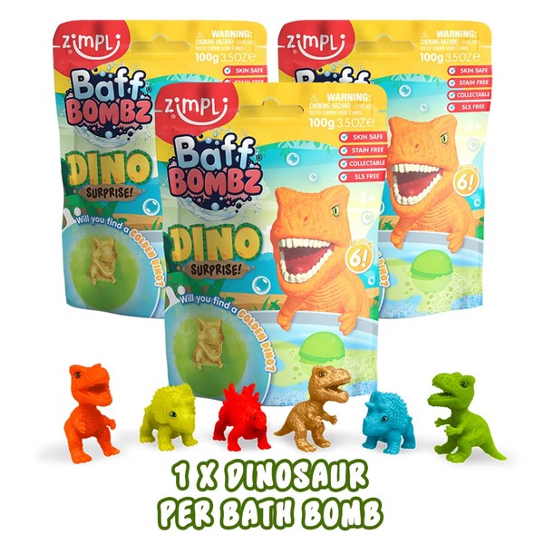 3 x Large Dino Surprise Bath Bombs by Zimpli Kids, 6 Surprise Dinosaur Toys to Collect, Bubble Bath Toy Fizzies for Christmas, Stocking Filler, Christmas Gift