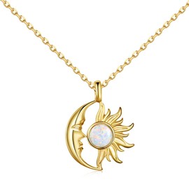 VENACOLY Sun and Moon Necklace 925 Sterling Silver Gold Opal Moon and Sun Pendant Necklace Celestial Mooon Sun Jewellery for Women