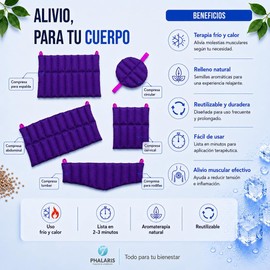 PHALARIS Kit de 5 Compresas de Semillas con Aromaterapia para Microondas y Congelador Almohadillas Térmicas Frío y Calor para Fisioterapia, Alivio de Dolor Lumbar, Espalda y Cuello Morado