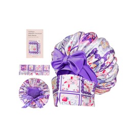 Vettres Double Layer Satin Hair Bonnet with Eye Mask Silk Sleep Cap with Tie Head Wrap for Curly Natural Hair Pink Purple Animals