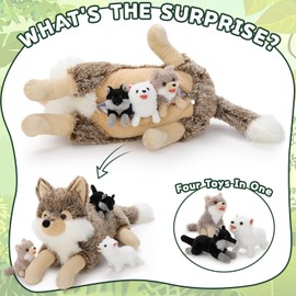 MorisMos Big Wolf Teddy Stuffed Animal, 50cm Cuddly Fluffy Wolf Mommy with 3 Babies Inside, Large Brown Wolf Soft Toys Kawaii Wolf Plushies Present for Kids Birthday Christmas Deco