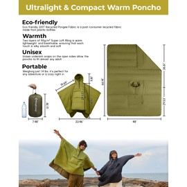 KingCamp Camping Blanket Poncho, Wearable Honcho Hoodie Reversible Cape Windproof Water-Repellent Recycled Poncho with Snap Buttons for Outdoor Camping Hiking Stadium Travel (Green, 66" x 48")