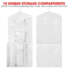 Primode Wrapping Paper Storage Hanging Over the Door Gift Wrap Organizer Double Sided Front and Back Pockets Store Gift Wrap Gift Bags Ribbon Bows Accessories 40”x17” Fits Long 40 Inch Rolls (White)