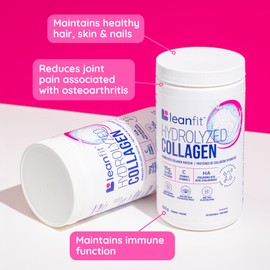 LeanFit LEANFIT HYDROLYZED COLLAGEN? Unflavoured C 10g Grass-Fed Bovine Collagen (Type I, III) + Vitamin C + Hyaluronic Acid Per Serving, 25 Servings, 253g Tub for healthy skin, hair, bones, joints & immunity