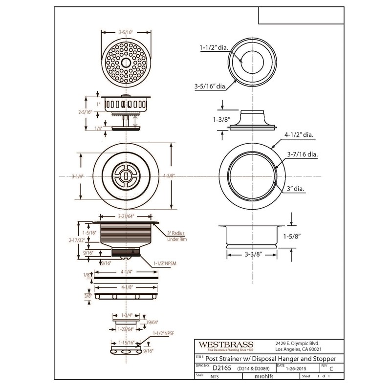 Westbrass A2165-11 4-1/4" OD Post Style Large Kitchen Basket Strainer