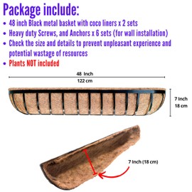 LaLaGreen Wall Hanging Planter Outdoor (48 Inch, 2 Pack) Large Window Flower Box with Coco Liners, Black Metal Rectangular Plant Holder Attach to House Horse Trough Fence Balcony Modern Porch Patio