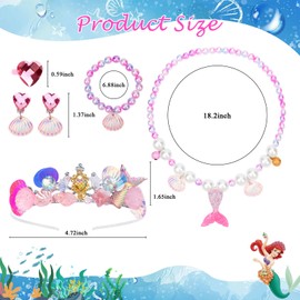 Araluky 6 Pcs Mermaid Crown Mermaid Necklace Bracelet Earrings Ring Set Jewelry Mermaid Jewelry the Little Mermaid Party Decorations Princess Party Dress Up - Pink