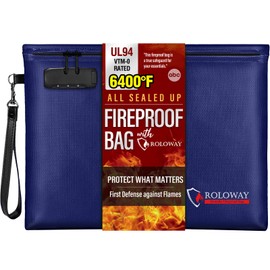 ROLOWAY Fireproof Document Bag (14.5 x 11.5 inch), 6400℉ Fireproof Money Bag with Zipper for Cash, Fire Safe Money Pouch with Lock (Blue)