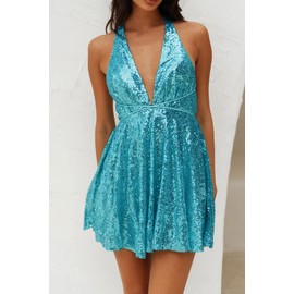 Umimore Women's Sequin Mini Dresses Backless Sleeveless Deep V-Neck Spaghetti Straps Sparkly Cocktail Prom Short Dress (Medium, Blue)