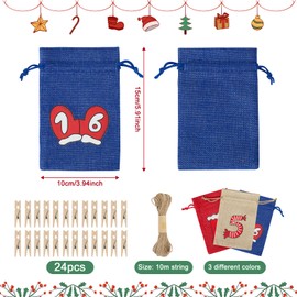 jbcgv 24 Pcs Christmas Advent Calendar Bags - 24 Days Countdown Calendar Bags Burlap Drawstring Gift Bags with Number Tags, Reusable Hanging Countdown Calendar for Candy, Gifts, Xmas Countdown Home