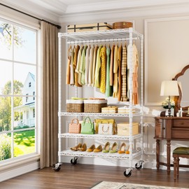 ULIFHOME P9 Rolling Garment Rack, 4 Tiers Heavy Duty Clothes Rack for Hanging Clothes, Portable clothes rack with 3 Adjustable Shelves, 35.4" L X 15.7" W X 80.5" H, Max Load 440LBS, White