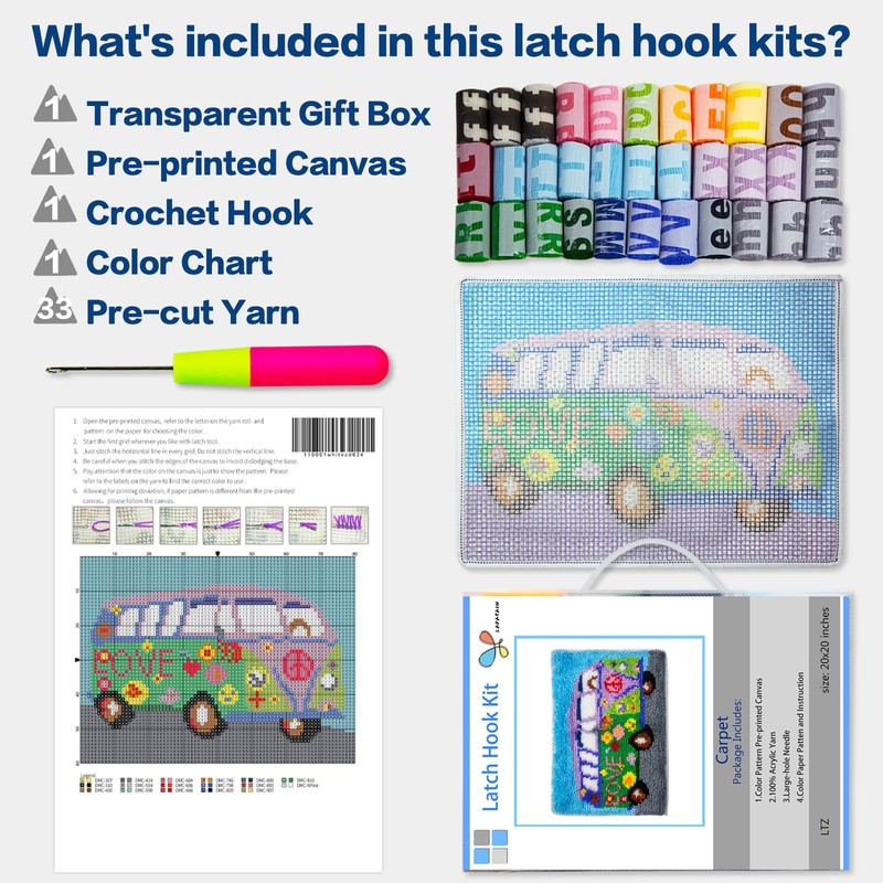 LAPATAIN Latch Hook Kits DIY Crochet Yarn Kits,Cross Carpet Embroidery