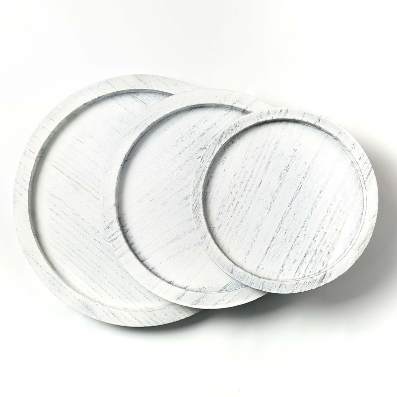 CYS EXCEL 13 Inch White Round Wooden Tray, Decorative Serving