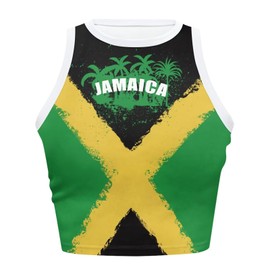 Dremagia Jamaican Flag Crop Top for Women High Neck Fitted Tank Tops Push up Padded Sport Running Cycling Bras Cropped Tank Tops Tropical Palm Tree Print Sleeveless Racerback