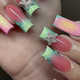 Hkanlre Medium Press on Nails Gradient Fake Nails Tips Full Cover Square French False Nails for Women 24PCS