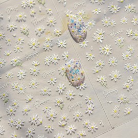LIFOOST White Small Daisy Flower Nail Art Stickers 5D Embossed Flowers Spring Summer Sunflower Design Decals for Nails Fresh Floral Manicure Decorations for Women Girls